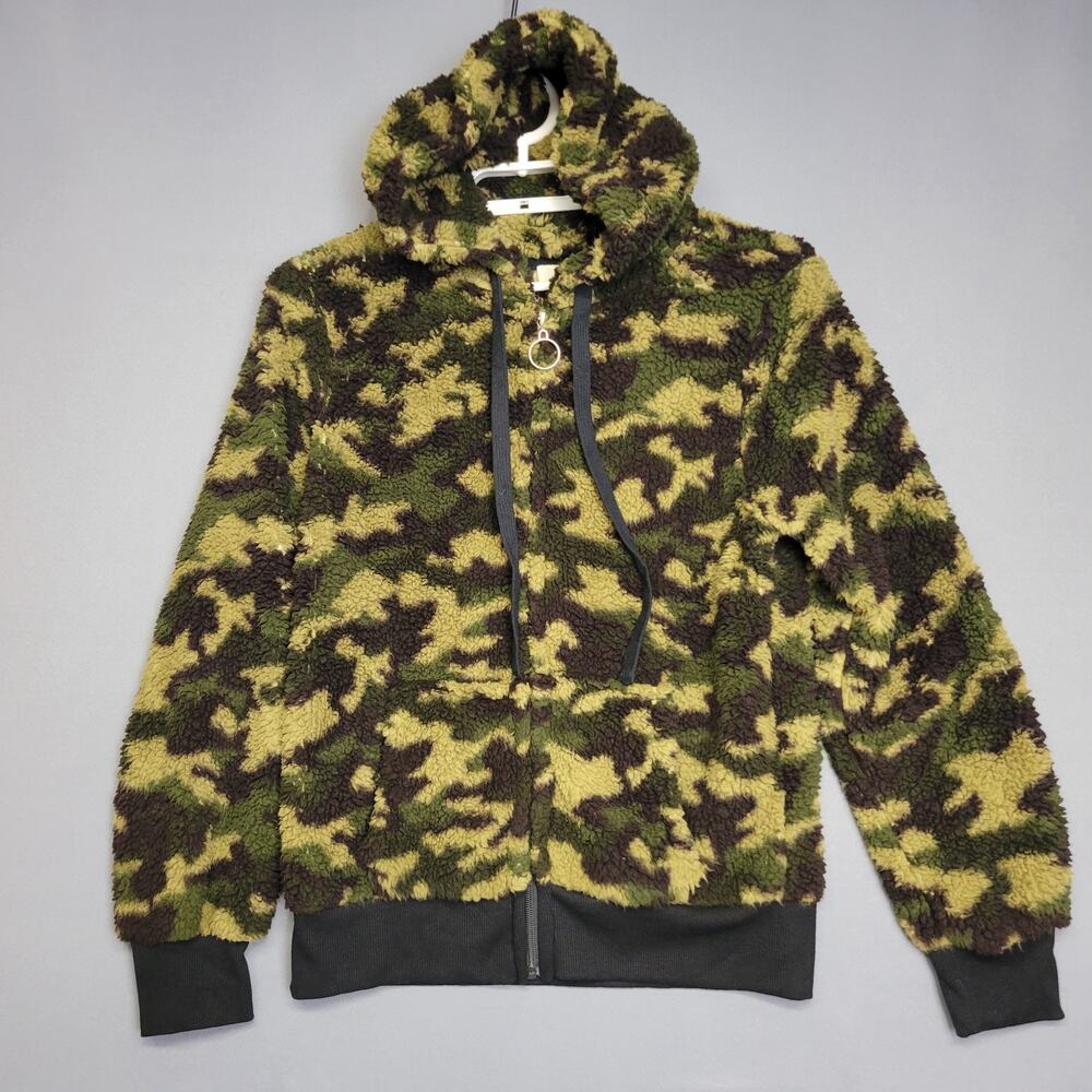 Love J Camo Sherpa Hooded Fleece Jacket Womens Large‎ Green Black Full Front Zip